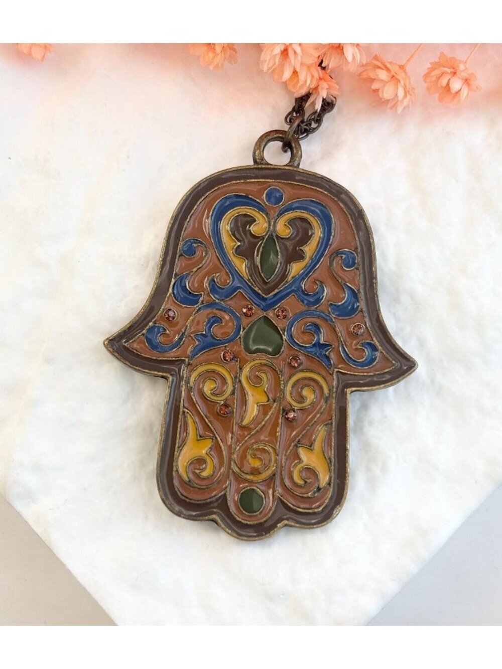 Hamsa Multicolor Enameled Vintage Jumbo Vintage Pendant Necklace - 28"